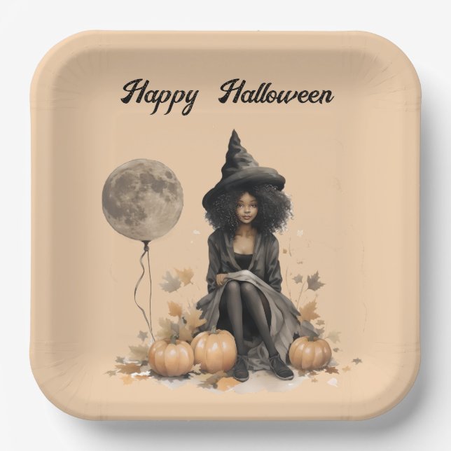 Pretty Halloween Witch and Full Moon Balloon Paper Plates (Front)
