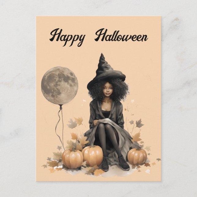 Pretty Halloween Witch and Full Moon Balloon Postcard (Front)