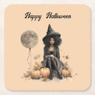 Pretty Halloween Witch and Full Moon Balloon Square Paper Coaster