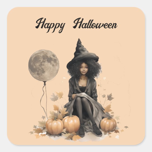 Pretty Halloween Witch and Full Moon Balloon Square Sticker (Front)