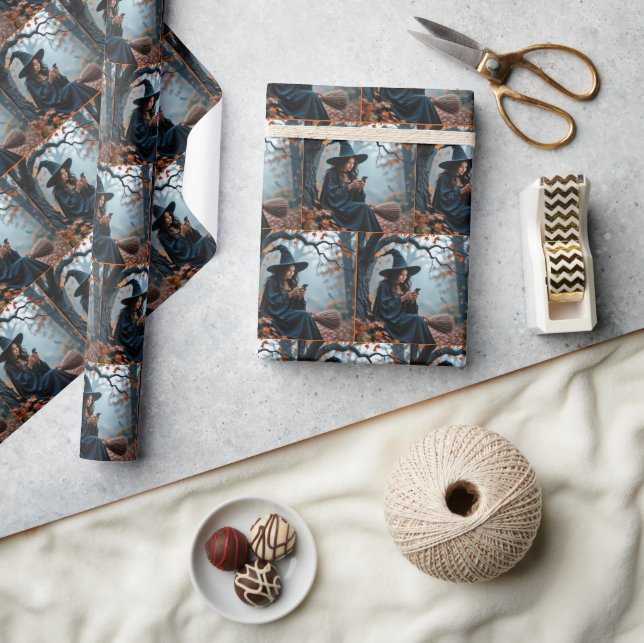 Pretty Halloween Witch Texting on a Cell Phone Wrapping Paper (Crafts)