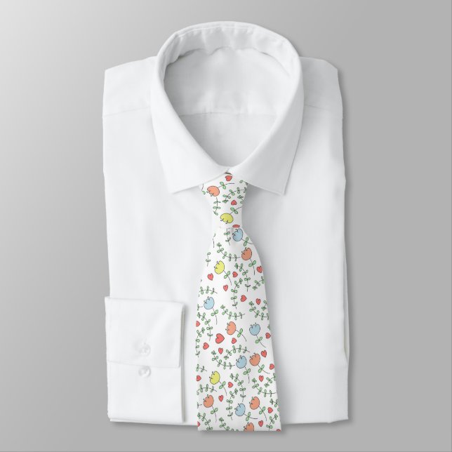 Pretty Hand Drawn Floral Pattern With Hearts Neck Tie (Tied)