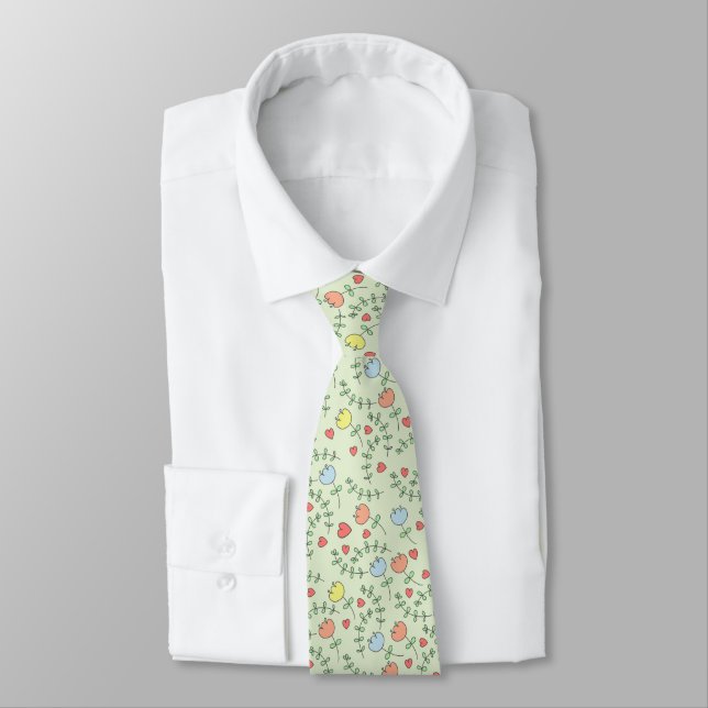 Pretty Hand Drawn Floral Pattern With Hearts Neck Tie (Tied)