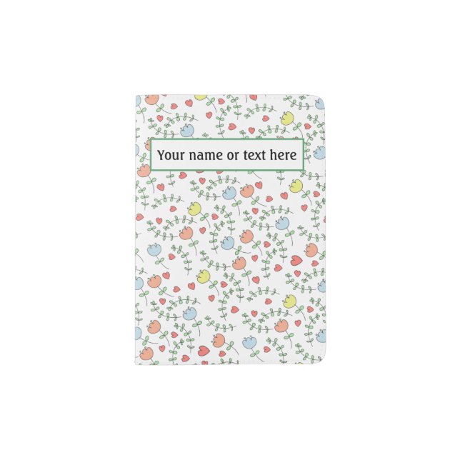 Pretty Hand Drawn Floral Pattern With Hearts Passport Holder (Front)