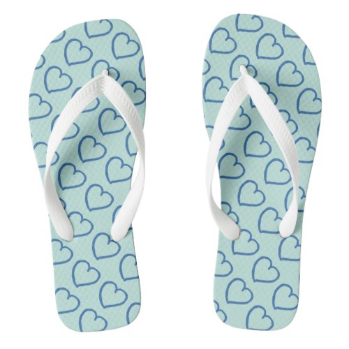 Pretty hand drawn hearts design blue on blue flip flops