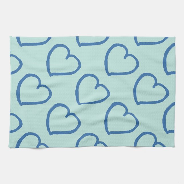 Pretty hand drawn hearts design blue on blue kitchen towel (Horizontal)