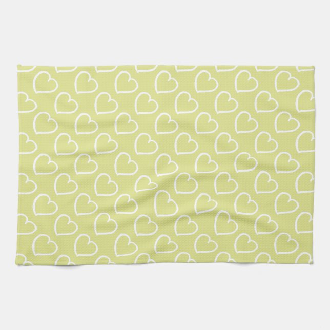 Pretty hand drawn hearts design white on green kitchen towel (Horizontal)
