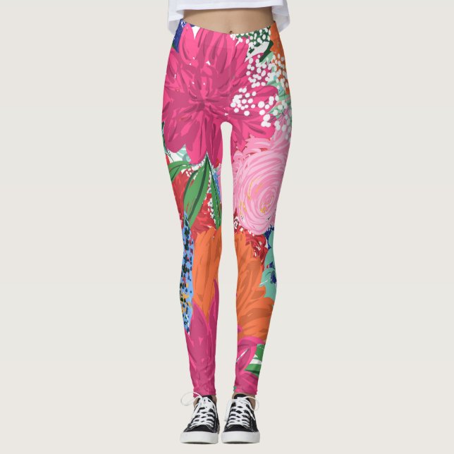 Pretty Hand Painted Colorful Flowers Leggings (Front)