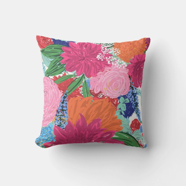Pretty Hand Painted Colorful Flowers Throw Pillow (Front)