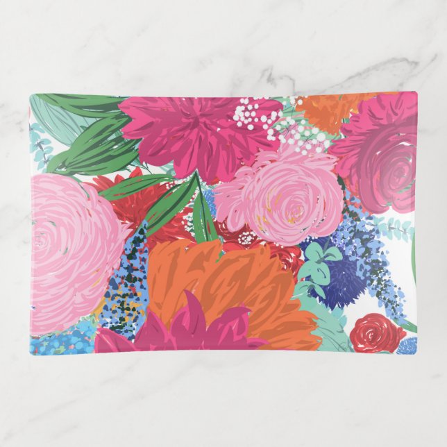 Pretty Hand Painted Colorful Flowers Trinket Tray (Front)