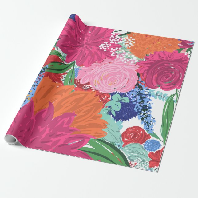 Pretty Hand Painted Colorful Flowers Wrapping Paper (Unrolled)