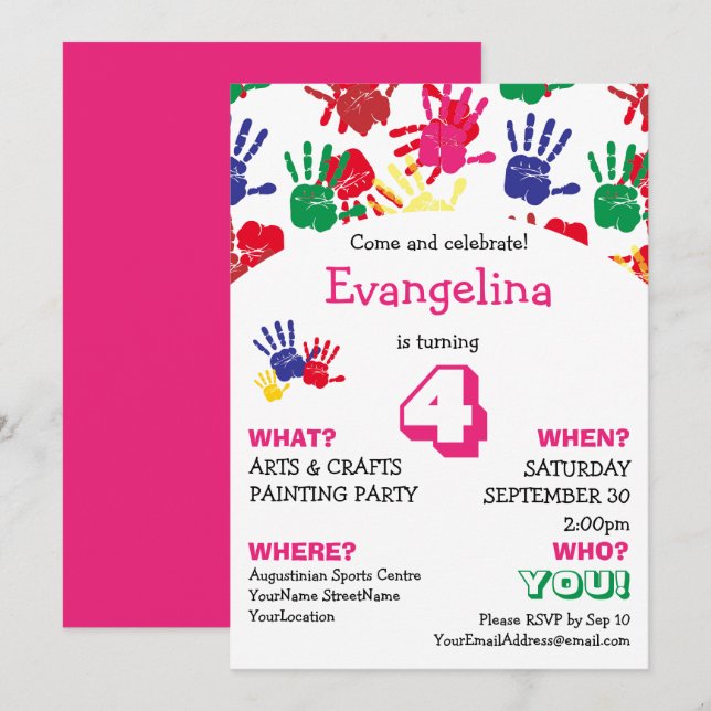 Pretty Handprints Kids Birthday Party Invitation (Front/Back)