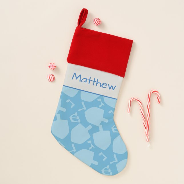 Pretty Hanukkah Blue Dreidel Christmas Stocking (Front)