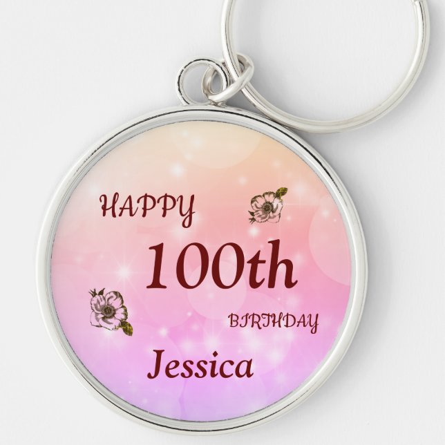 Pretty Happy 100th Birthday Personalized Keychain (Front)