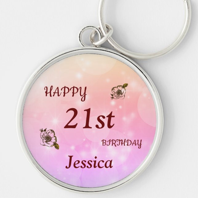 Pretty Happy 21st Birthday Personalized Keychain (Front)
