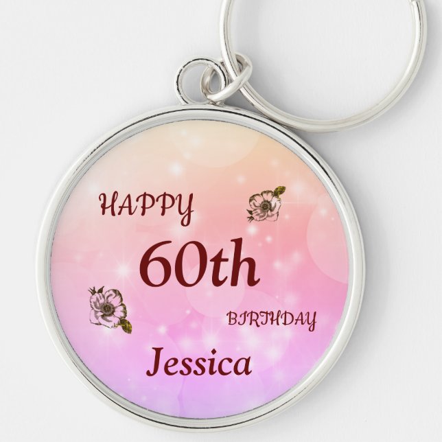 Pretty Happy 60th Birthday Personalized Keychain (Front)