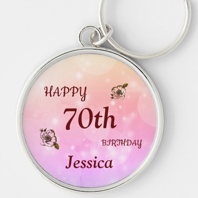 Pretty Happy 70th Birthday Personalized Keychain (Front)