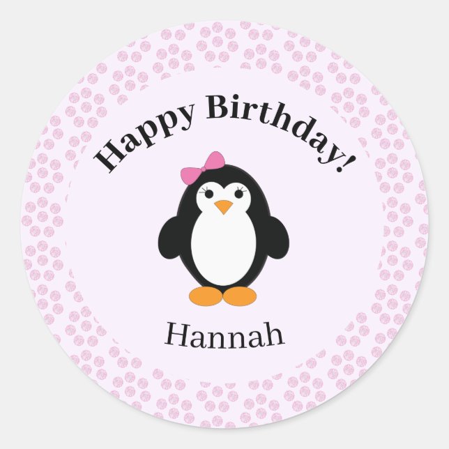 Pretty Happy Birthday Penguin Classic Round Sticker (Front)