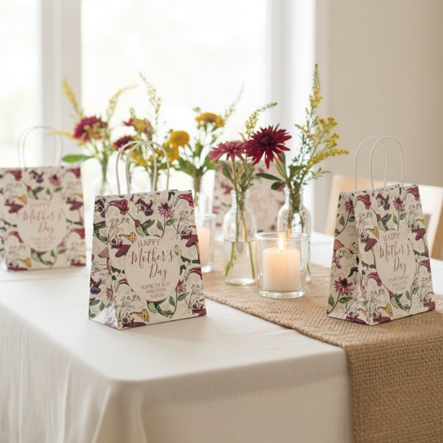 Pretty Happy Mothers Day Hummingbird Garden Medium Gift Bag (Colorful Hummingbird Floral Pattern for Her. Elegant Hummingbirds, Tropical Flowers, Wildflowers)