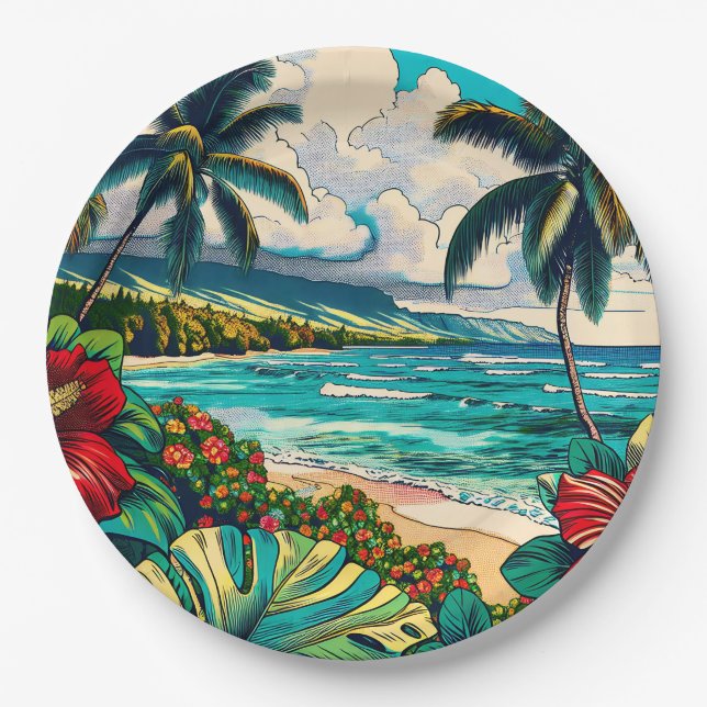 Pretty Hawaiian Island themed Paper Plates (Front)