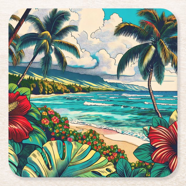 Pretty Hawaiian Island themed Square Paper Coaster (Front)