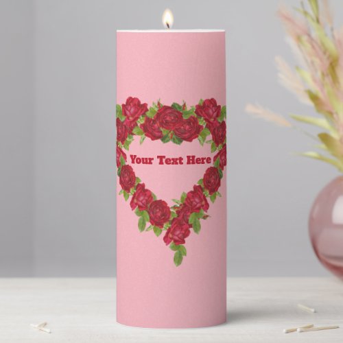 Pretty heart of Red Roses Leaves on Pink Pillar Candle