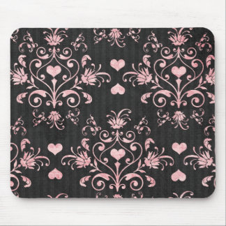 pretty heart pink damask on washed black mouse pad