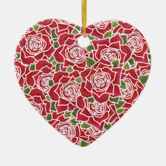 Pretty Heart-shaped Ornament: Red Roses Pattern Ceramic Ornament