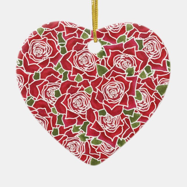 Pretty Heart-shaped Ornament: Red Roses Pattern Ceramic Ornament (Front)