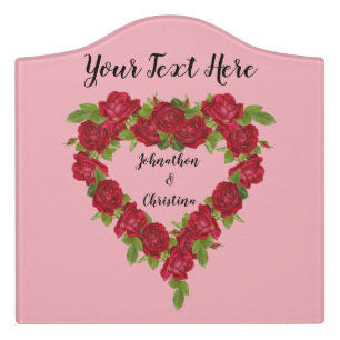 Pretty Heart Shaped Wreath of Red Roses Pink Door Sign