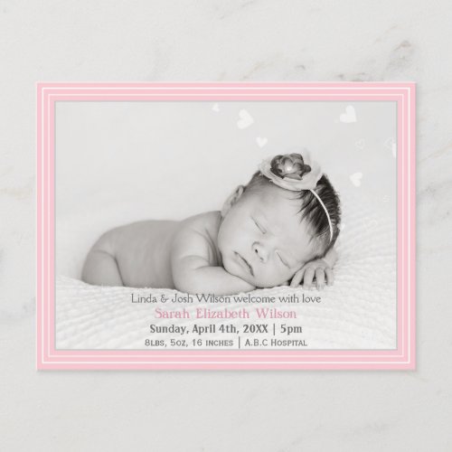 Pretty hearts Pink Mod New Baby photo Announcement