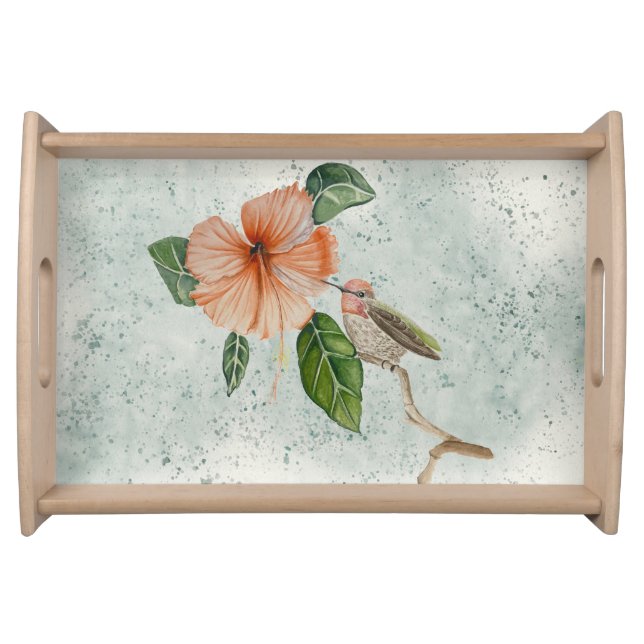 Pretty Hibiscus and Cute Bird Floral Serving Tray (Front)