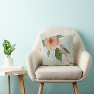 Pretty Hibiscus and Cute Bird Throw Pillow