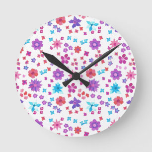Pretty Hippy Flower-Power Floral Pattern on White Round Clock