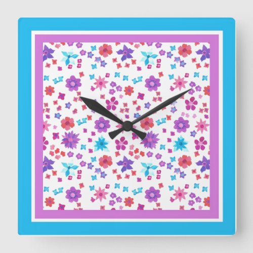 Pretty Hippy Flower_Power Floral Pattern on White Square Wall Clock