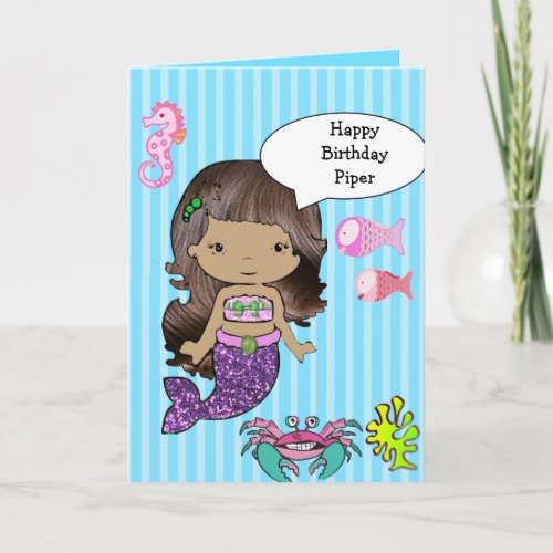 Pretty Hispanic Mermaid Happy Birthday Card