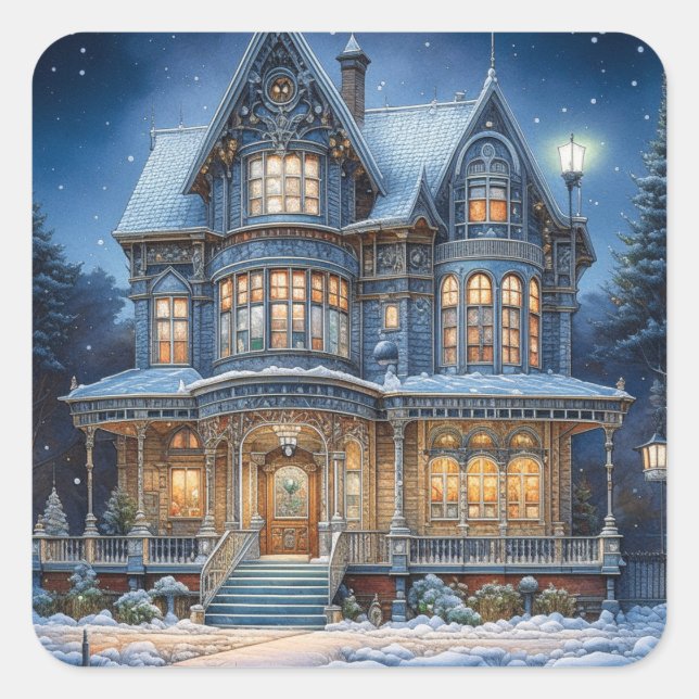 Pretty Holiday Christmas House  Square Sticker (Front)