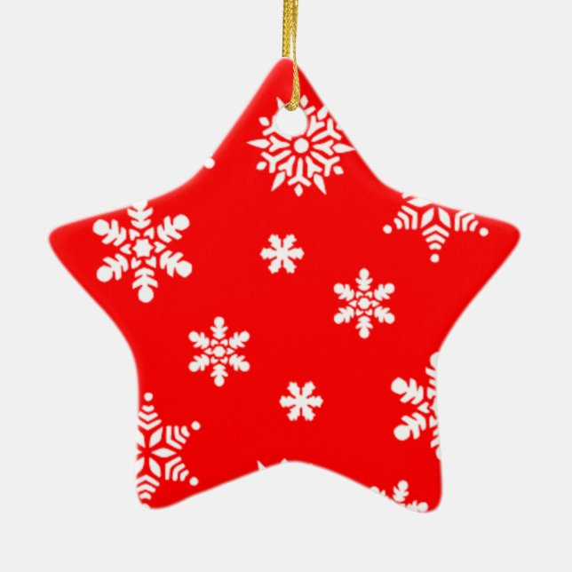 Pretty holiday snowflakes on red background ceramic ornament (Back)