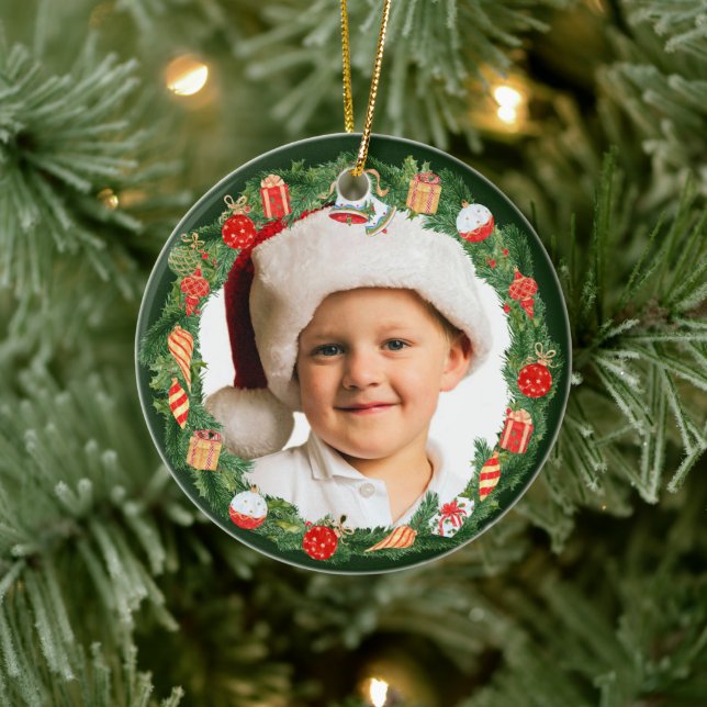Pretty Holiday Wreath Photo Template Ceramic Ornament (Tree)