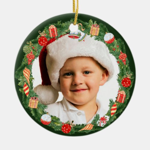 Pretty Holiday Wreath Photo Template Ceramic Ornament