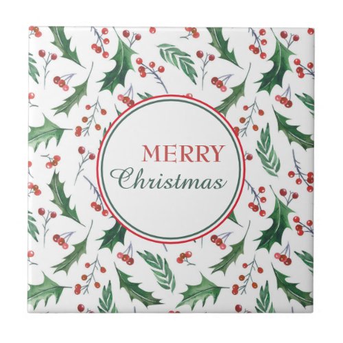 Pretty Holly Pattern Merry Christmas Ceramic Tile