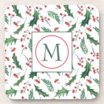 Pretty Holly Pattern Monogram Christmas Beverage Coaster<br><div class="desc">Here are pretty seasonal monogram coasters that would be festive for any Holiday gathering, or just add Christmas cheer to your home. The background is a green holly leaf and red berry pattern on white. At the center is your monogram in matching green enclosed by a red framed circle, which...</div>