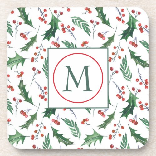 Pretty Holly Pattern Monogram Christmas Beverage Coaster