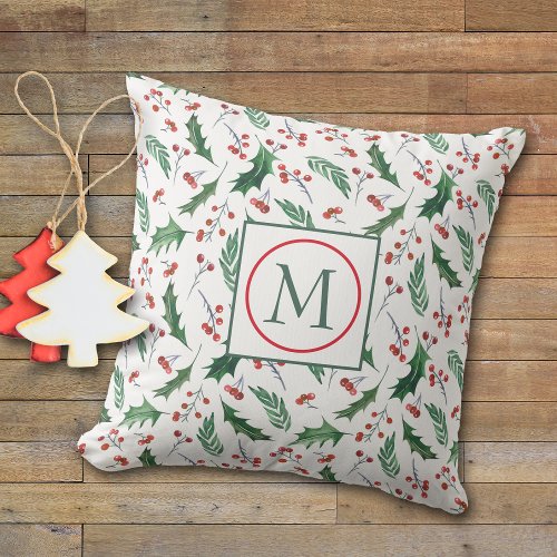 Pretty Holly Pattern Monogram Christmas Throw Pillow