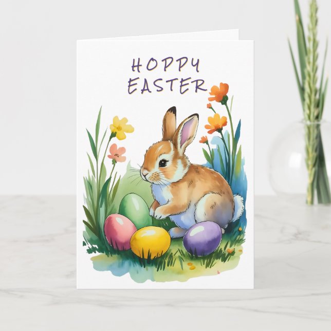 Pretty Hoppy Easter Bunny Eggs Greeting Card (Front)