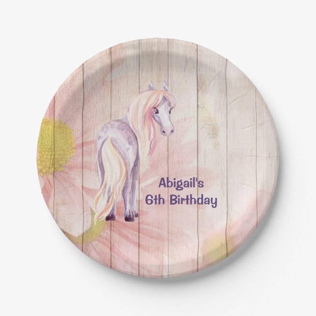 Pretty Horse and Daisies on Barn Wood Birthday Paper Plates (Front)