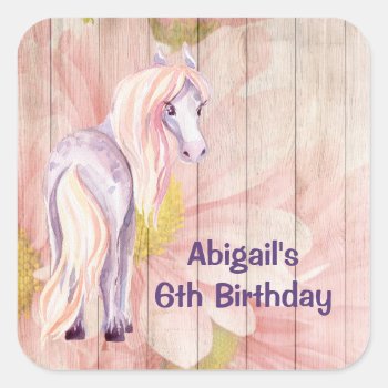 Pretty Horse And Daisies On Barn Wood Birthday Square Sticker by TheCutieCollection at Zazzle