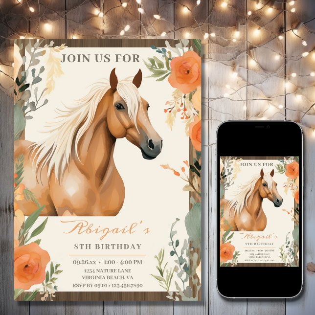 Pretty Horse and Flowers Birthday Invitation (Printed and Digital - Beautiful Horse and Autumn Flowers Fall Birthday Invitation)