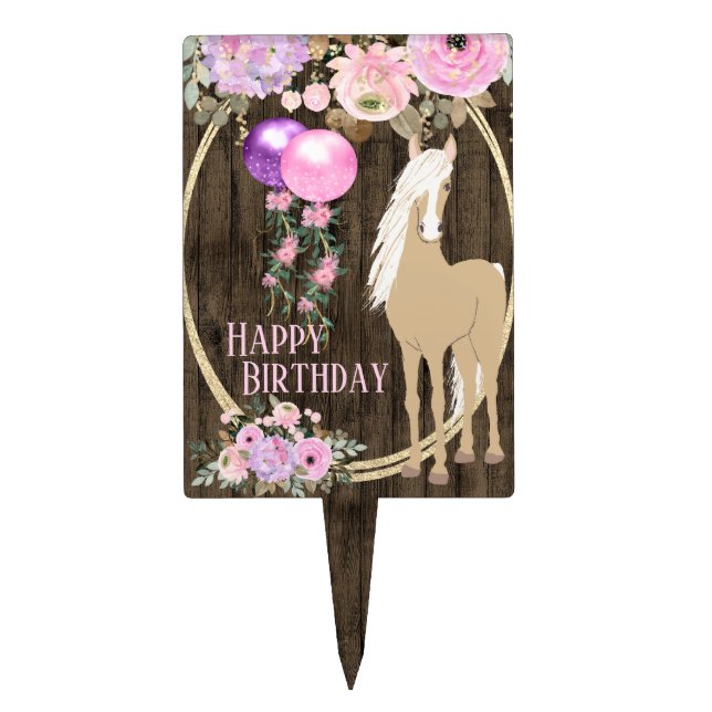 Pretty Horse and Flowers on Barnwood Birthday Cake Topper (Front)