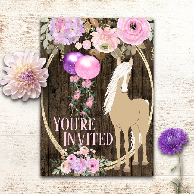 Pretty Horse and Flowers on Barnwood Birthday Invitation